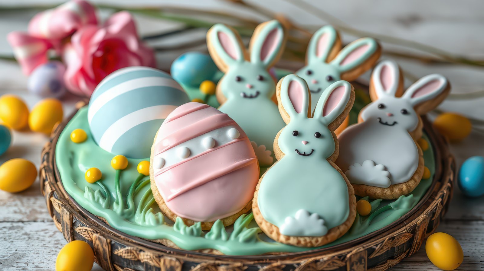 Colorful Easter cookies featuring bunnies and decorated eggs on a festive platter for spring celebration